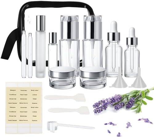18Pack Glass Travel Bottles for Toiletries, TSA Approved Glass Travel Containers 1.35/0.7/1 oz Silver Small Travel Bottles with Label, BPA Free Leak Proof with Pump Spray Bottles for Makeup, Skincare