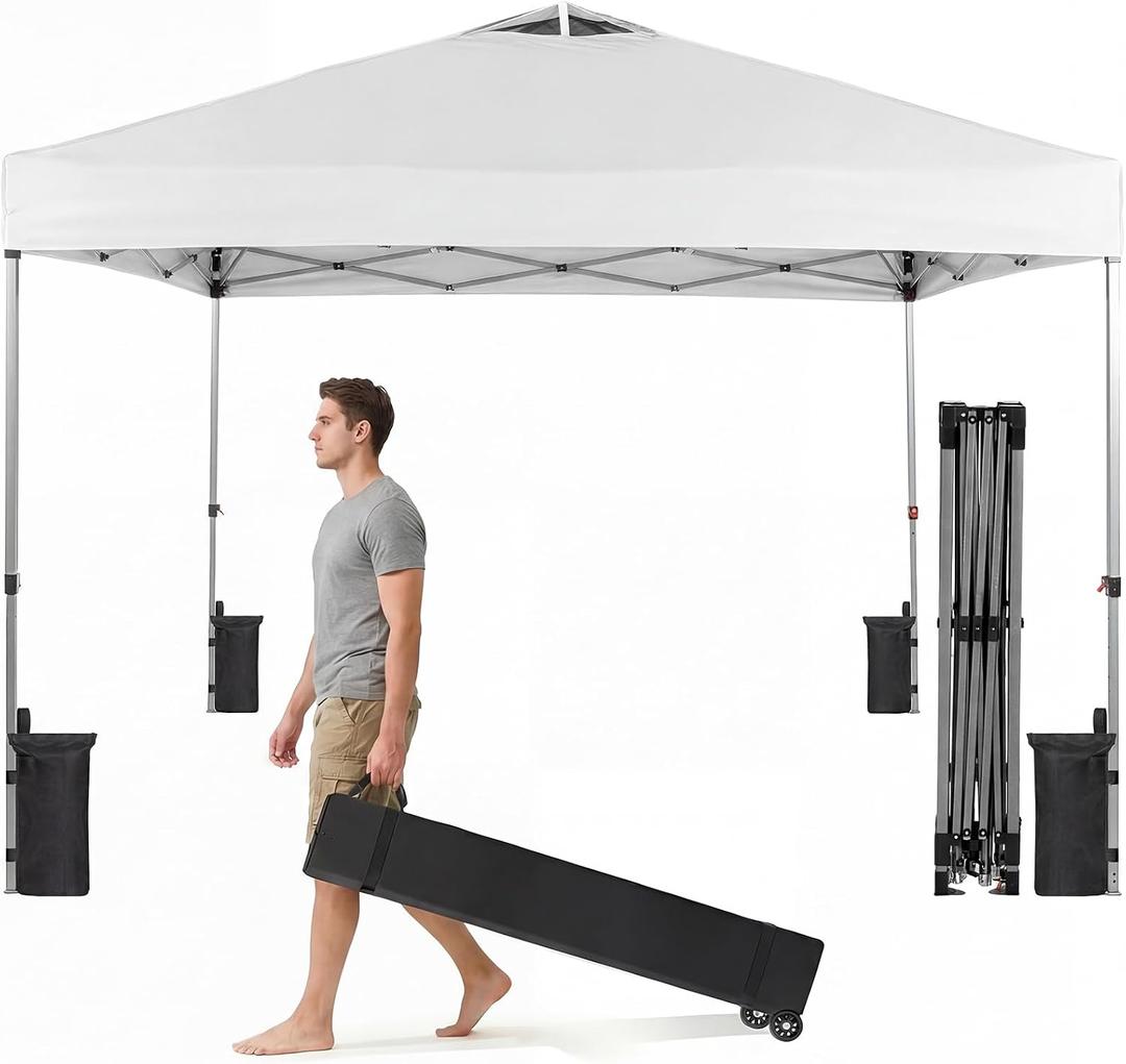 OLIXIS 10x10ft 1-Person Pop Up Canopy Tent, Heavy Duty One Push Setup Portable Outdoor Shelter for Beach Events Camping with Rolling Carry Bag, Snow White