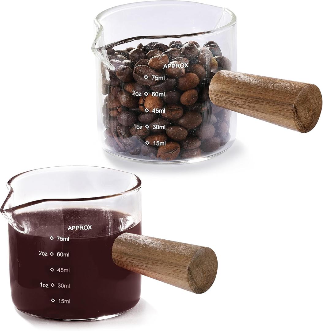 VRUIFA 2 Pack Measuring Cups, Espresso Shot Glass with Wood Handle, Clear Glass with Dual Scale, Espresso Accessories with Double Spouts, 2.5 OZ /75 ML