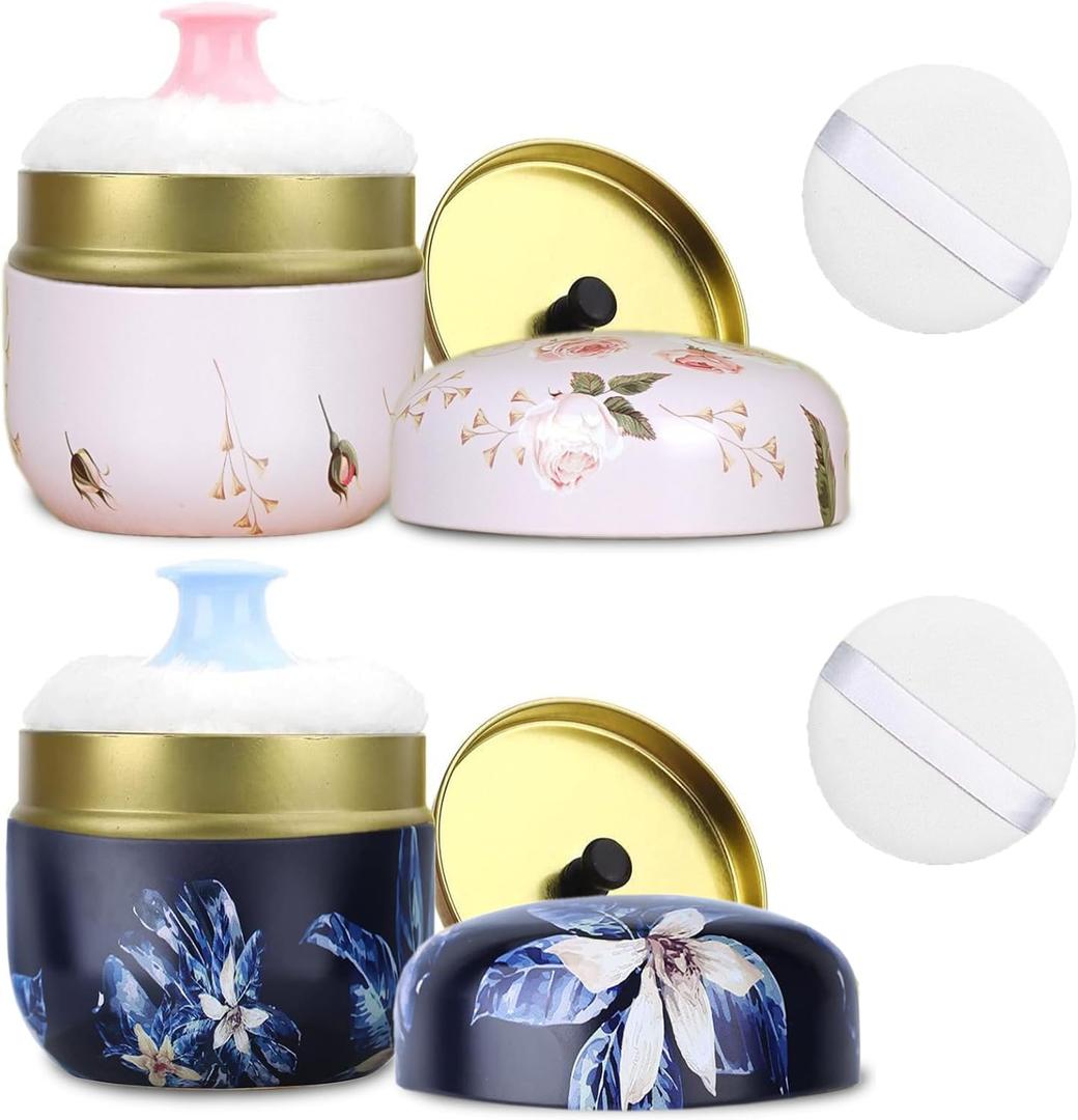 SHIMIDO Body Powder Puff and Container, 3.15" Portable Empty Body Powder Container for Baby Women's Loose Dusting Powder, Powder Case Box with Lids for Bath, Travel and Home Use (Old time&Dark Night)