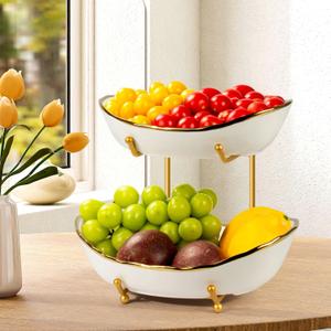 2 Tier Ceramic Fruit Bowl, Fruit Basket for Kitchen Counter, Tiered Fruit Rack for Countertop, Modern Multi Large Capacity Serving Holder for Party Dessert, Vegetable, Snack(Gold&White)