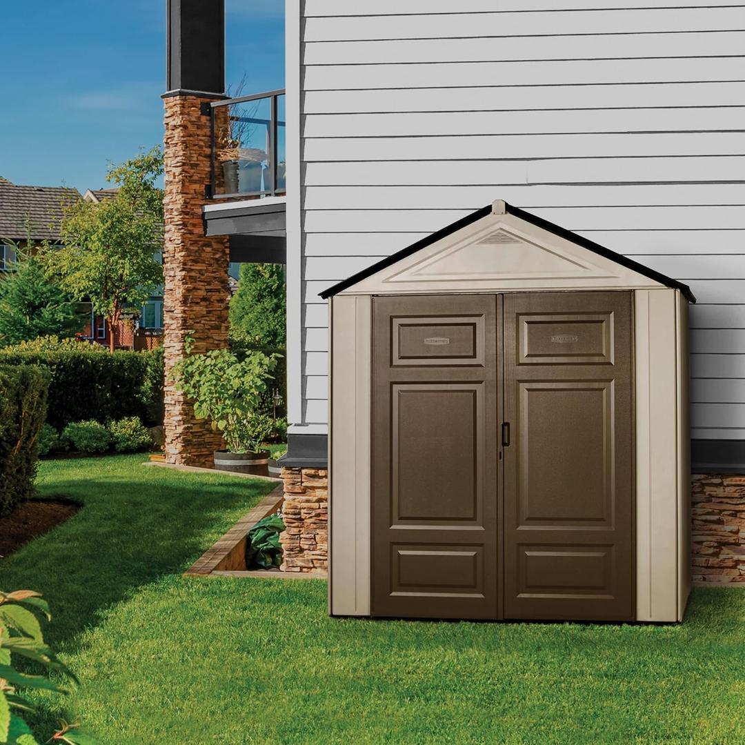 Rubbermaid Resin Outdoor Storage Shed With Floor (7 x 3.5 Ft.) Weather Resistant Brown/Grey Organization for Home/Lawn Mower/Backyard Equipment/Bike Storage/Pool Supplies