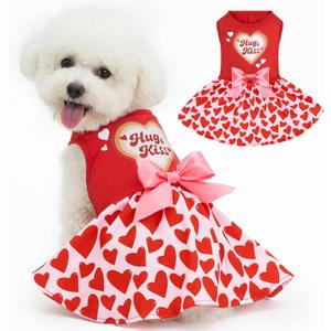 XPUDAC Valentine Dog Dress Heart Print Dog Dress for Small Dogs Girls Holiday Party Tulle Puppy Outfit Cat Apparel-L (Large(Chest-18.1"))