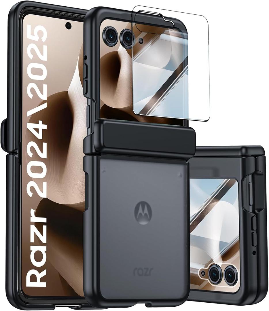 for Motorola Razr 2025 Case/Razr 2024 Case with Hinge Protection, Screen Protector, Ultra-Thin Skin Feel Translucent Frosted, Shockproof Cover for Razr 2025/2024-Black (NOT for Plus/Ultra)