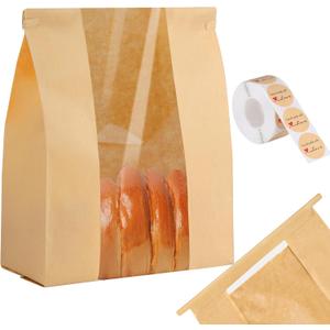 120 Bread Bags for Homemade Bread, Sourdough Bread Bag with Window 14" X 8.3" X 3.5" Large Paper Bakery Bags with Tin Tie Tab Lock Stickers for Food Cookies Packaging Storage