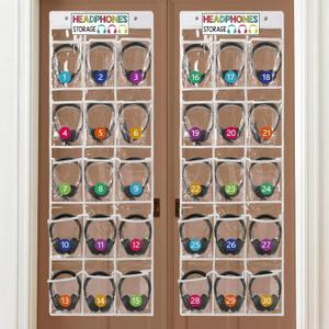 2 Pcs Over The Door Hanging Classroom Headphone Storage Organizer 30 PVC Clear Organizer Holder Pockets with 2 Pcs Headphone Storage Cards with Digital Stickers for Library Door Hanger