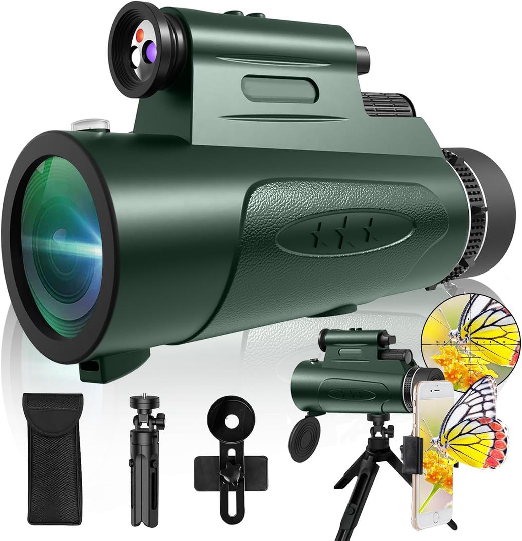 Monocular Telescope with Lights HD Monoculars 80x100 for Adults High Powered Monocular for Hunting with Smartphone Holder & Tripod, Handheld Telescope Suitable for Bird Watching Stargazing-Green