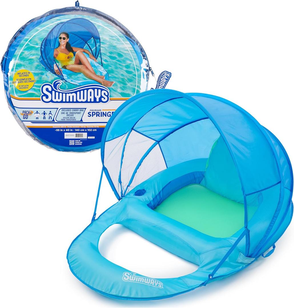 SwimWays Spring Float Premium Recliner with Canopy Pool Lounger, Inflatable Pool Floats Adult with Fast Inflation for Ages 15 & Up, Sky Blue