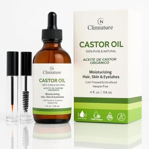 Castor Oil for Eyelash & Aceite de Castor Organico | Aceite de Ricino para Pestaas  4 fl oz, Cold-Pressed & Hexane-Free, Glass Bottle with Pre-Filled Lash & Brow Applicators