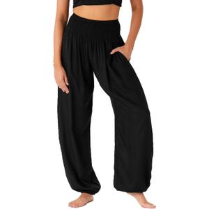 Lotus and Luna Women's Harem Pants Thai Pants for Beach & Lounge High Waisted Flowy Boho Pants Genie Pants Yoga Pants (Large, Black)
