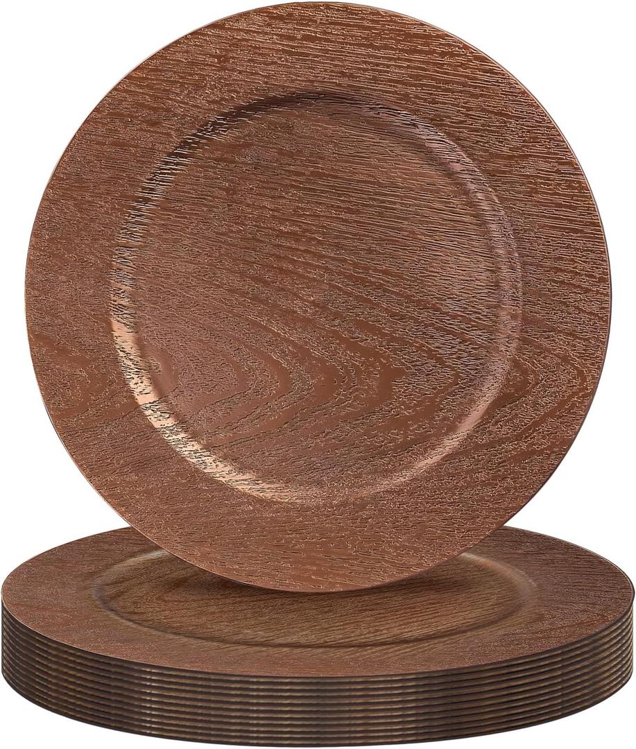 MAONAME Dark Brown Faux Wood Charger Plates, 13" Plastic Plates Chargers Set of 12, Farmhouse Chargers for Dinner Plate, Rustic Round Charger for Party