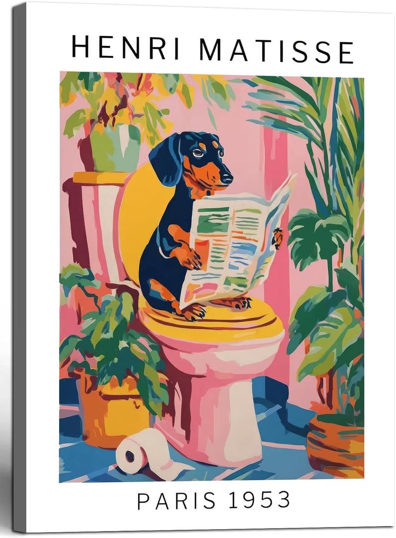 Framed Funny Dog Bathroom Canvas Wall Art Henri Matisse Bathroom Wall Art Toilet Picture Colorful Dopamine Vintage Pet Decor For Bathroom 12x16 Inch Ready To Hang