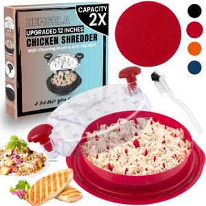 Chicken Shredder Tool Twist Large 12 with Visible Lid & Cleaning Brush | Meat Shredder Twist for Thin Chicken Breast | Dishwasher Safe Chicken Shredder Tool Twister & Food Shredder (Red) (Pro Size - 12 Inch)