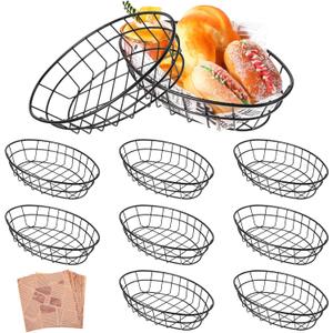 8 Pcs Wire Bread Basket Oval Metal Dinner Roll Baskets for Serving Fruit Bowl Basket Storage with 100 Sheets Deli Wrappers Paper for Kitchen Table Fast Food Burger 9.6 x 6.1 x 2.1 IN
