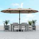 Kingdura 15ft Large Patio Umbrella with Solar Lights, Double-Sided Rectangle Lighted Outdoor Table Umbrella with Base Included, 12 Reinforced Ribs, 48 Led Lights, Crank Lift for Market Pool Deck Backyard, Beige