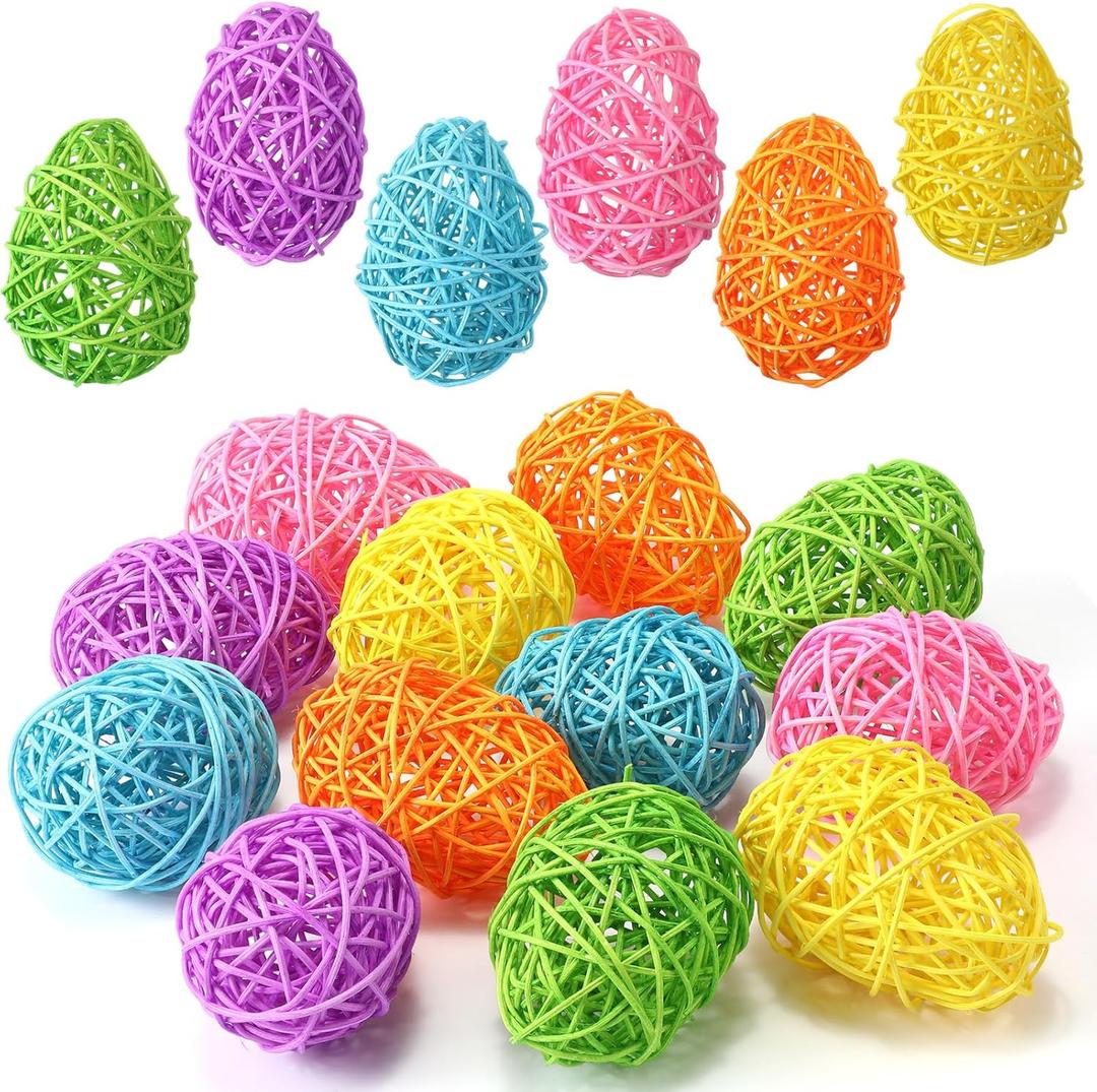 Vicenpal 12 Pcs Easter Rattan Eggs Farmhouse Style Rustic Woven Egg Decor 3.74 Inches Decorative Eggs for Easter Vase Filler Tray Decor Bowl Centerpiece (Candy Colors)
