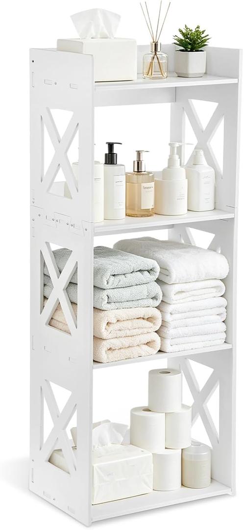 4-Tier Small Bathroom Storage Corner Shelf, Waterproof PVC Narrow Floor Stand, White Floor Freestanding Organizer for Bathroom, Living Room, Kitchen, Hallway, Toilet Side, Small Space