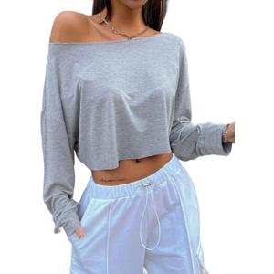 Avanova Women Off The Shoulder Crop Tops Long Sleeve T Shirts Oversized Loose Tee (Small, Grey)