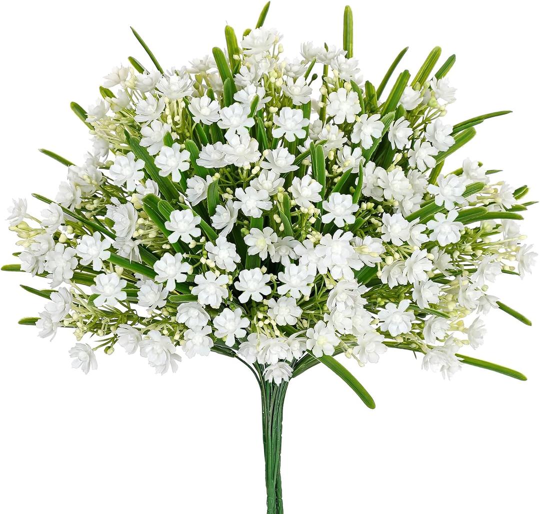 Artificial Spring Flowers UV Resistant - 6 Pcs White Fake Wildflowers 13.7" Faux Plastic Greenery Farmhouse Plants Shrubs Faux Flowers for Outdoor Planters Garden Wedding Indoor Table Home Porch Decor