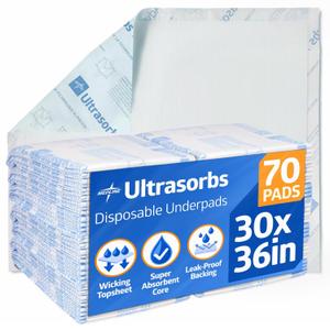 Medline Ultrasorbs Drypads with SlipResist Technology, 30" x 36", 70 Count, Super Absorbent Disposable Bed Pads, Incontinence Bed Pads, Adult Bed Pads, 10x More Absorbent, Chucks for Adults, Elderly