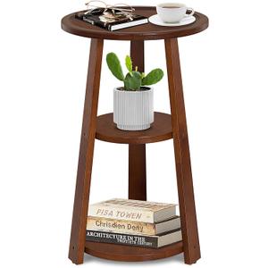 3-Tier Round Side Table, Solid Wood End Table & Nightstand for Small Spaces, Compact Accent Table for Living Room, Bedroom, Office (Red Brown Finish)
