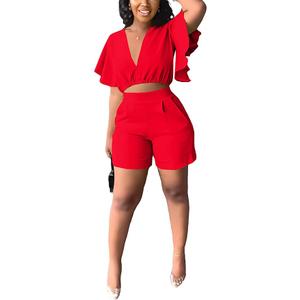 Fooullaide Womens Summer Piece Outfit Set Crop Top Butterfly Sleeve, red, Size large