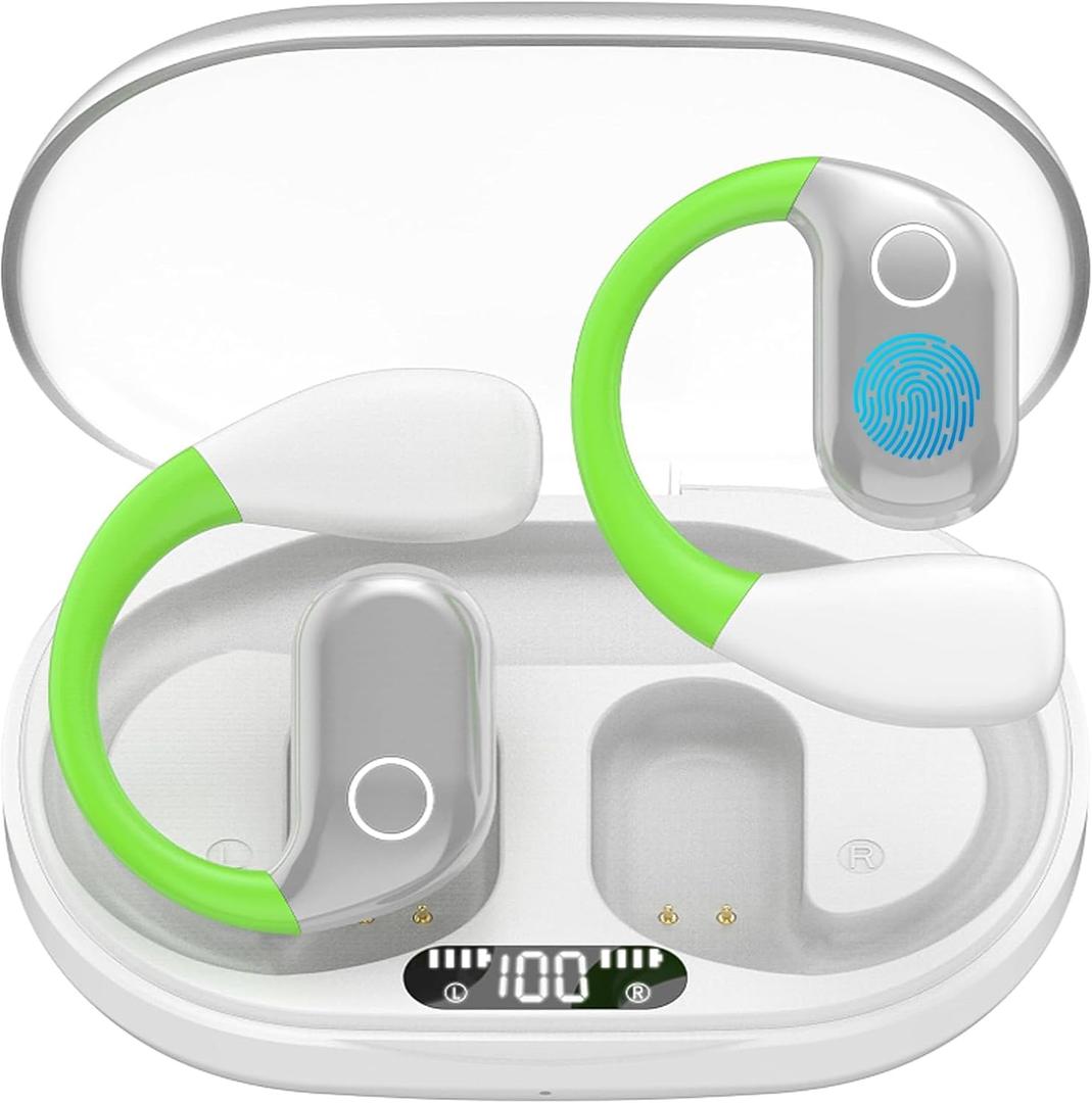 Open Ear Bluetooth 5.4 Wireless Earbuds, 55H Playtime LED Digital Display, Secure Fit with Ear Hooks, Stereo Sound, ENC Mic, IPX7 Waterproof Sports Earphones for Running, Workout & Office