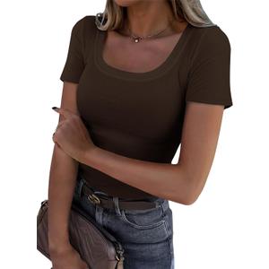 Roselux Women's Summer Scoop Neck Short Sleeve T-Shirts Ribbed Knit Slim Fitted Casual Basic Top (Brown) XL