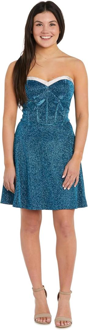Mini Strapless Glitter Dress W/Corset Bodice & Rhinestone Trim (1, Teal)