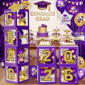 Purple and Gold Graduation Decorations 2026, Graduation Decorations Set of 4 Balloons Boxes with Letters 2026 GRAD So Proud of You, Congrats Grad Decorations for High School & College