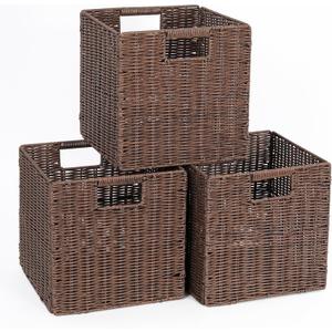 Brown Wicker Cube Storage Basket, 10.5x10.5 Foldable Woven Cube Storage Basket for Shelves, Set of 3 Square Bins for Shelf