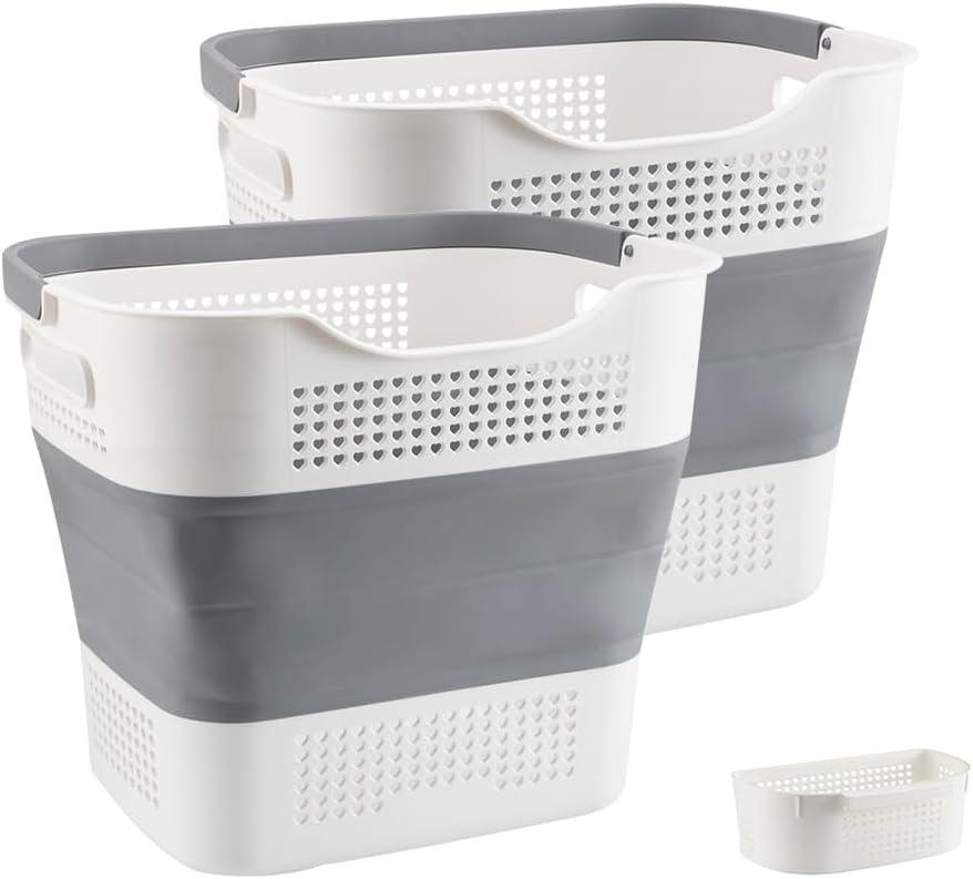 JOSUCLEN Collapsible Laundry Basket Plastic, 35L Foldable Laundry Basket for Small Spaces, Plastic Laundry Hamper with Handles, Pop up Laundry Basket Organizer Container2 pack+1small basket