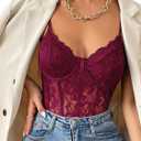 COZYEASE Women's Lace Bustier Cami Bodysuit Plain Sleeveless Slim Fit Sheer Mesh Corset Top Romper (Medium, Burgundy)
