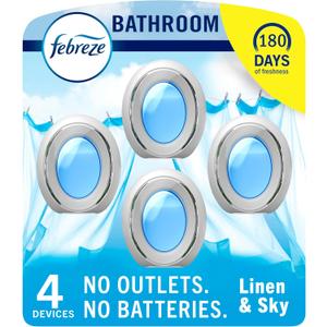 Febreze Bathroom Air Freshener, Odor-Fighting, Plug In Alternative, Air Fresheners for Home and Bathroom and Kitchen, Closet Air Fresheners, Linen & Sky Scent, 4 Count