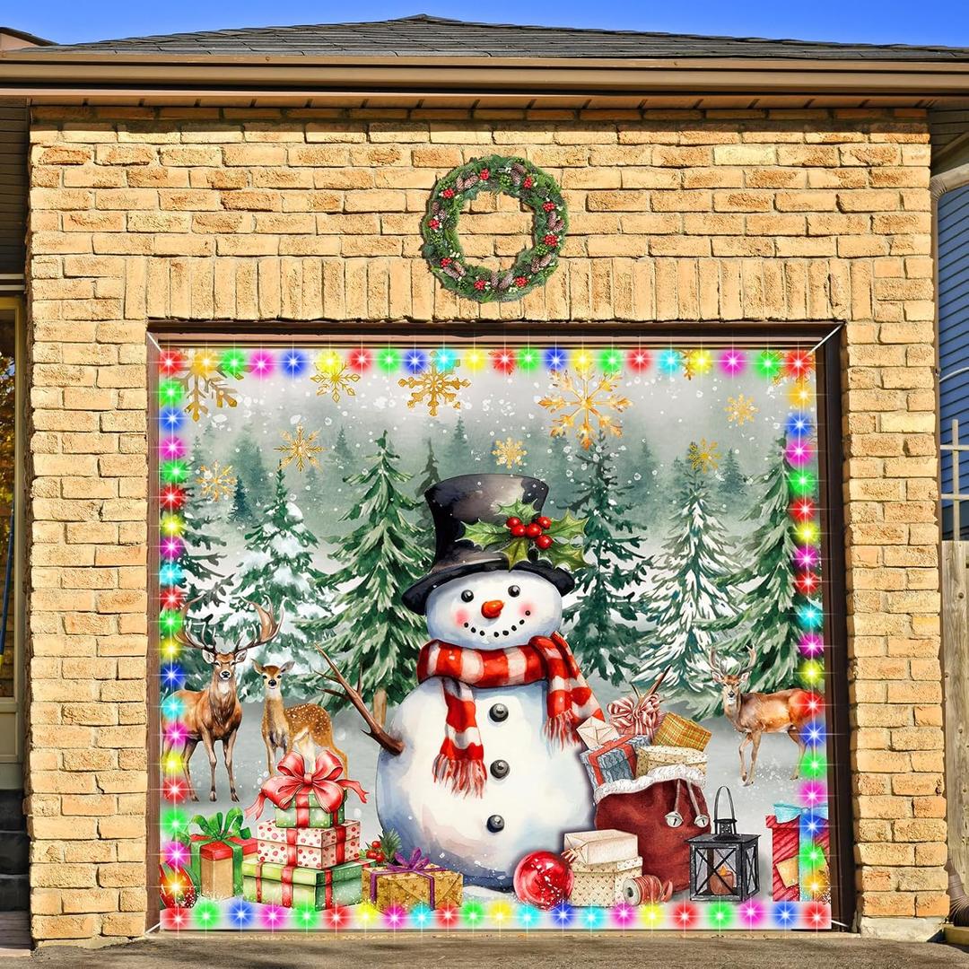 FuWeave 7x8 ft Christmas Garage Door Banner Cover with LED String Light Battery BoxOutdoor Large Snowman Garage Door Decors,2025 Winter Snowman Backdrop for Wall House Party Decor