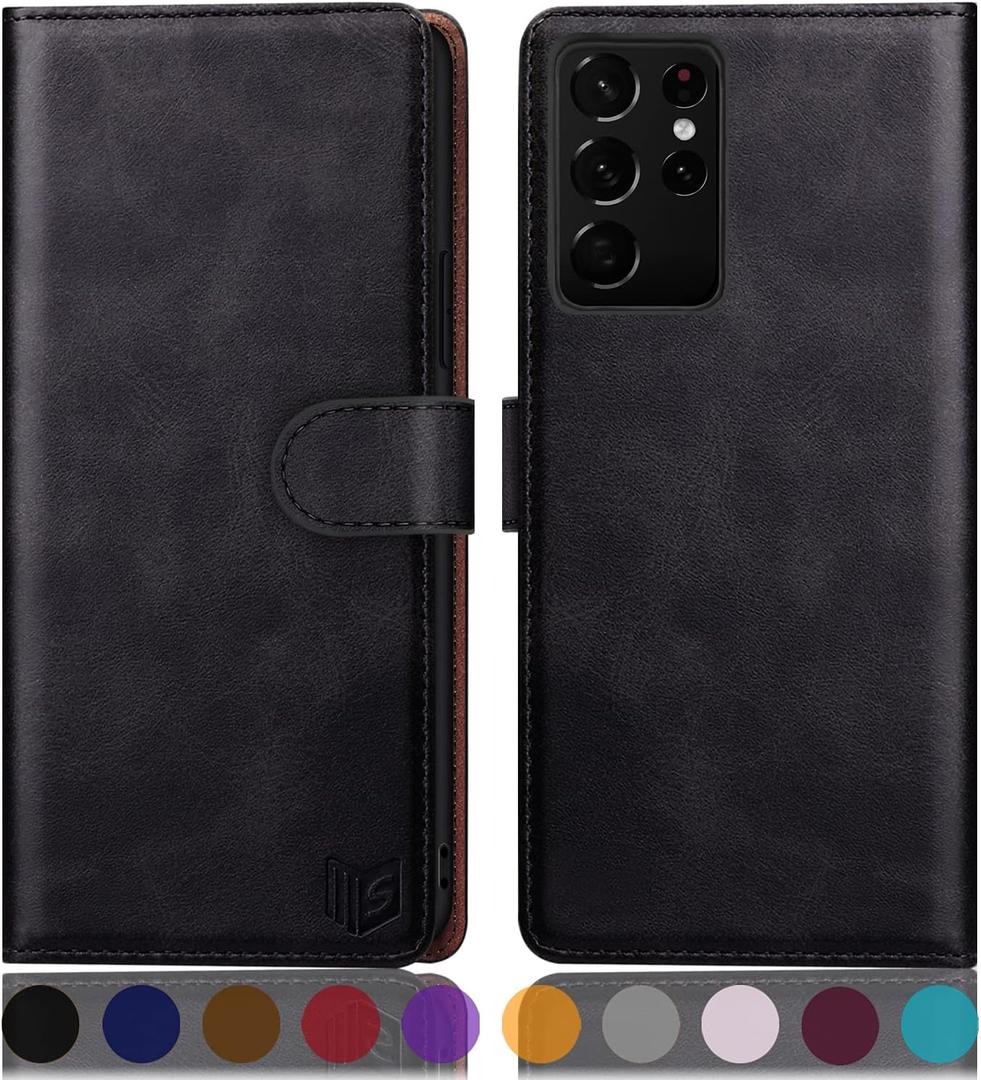 SUANPOT for Samsung S21 Ultra 6.8" RFID Blocking Leather Wallet Case, Flip Folio, Card Holder, Shockproof Cover - Black