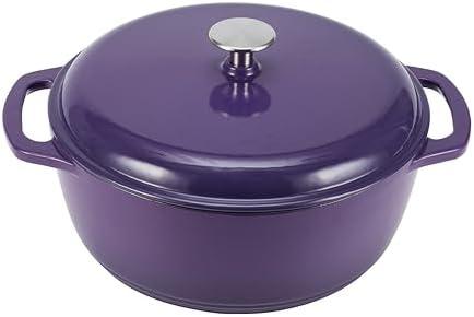 Iron Dutch Oven Pot with Lid, Enameled, Round, Dual Handles, Heavy-Duty, Medium  Purple