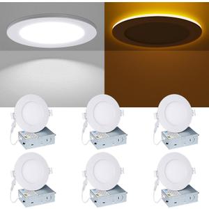4 Inch Recessed Ceiling Light - with Night Light, 2700K/3000K/4000K/5000K/6000K Selectable, 9W+3W Ultra-Thin LED Recessed Lighting with Junction Box, Dimmable Canless Wafer Downlight, 4inch 6P White