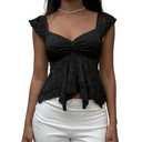 GCZREN Women Y2K Lace Sweetheart Neck Cap Sleeve Asymmetrical Hem Peplum Top Ruffle Tiered See Through Crop Tee Shirt Black, M