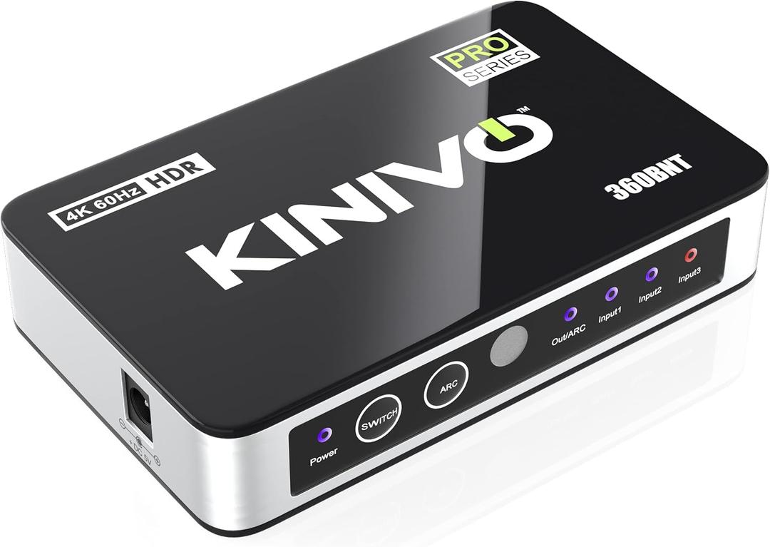 Kinivo HDMI Switch with Audio Extractor 360BNT (3 in one out, Toslink Optical Audio Port, SPDIF, 4K 60Hz, High Speed 18Gbps, IR Remote) - Compatible with Roku, PS5, Xbox, Apple TV, Dolby Digital/Atmos