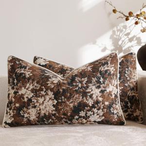 Pack of 2 Vintage Floral Pillow Covers 12x20 Boho Farmhouse Accents Chenille Rectangular Lumbar Decorative Throw Pillow Cases for Living Room Couch Bed Home Decor, Dark Brown