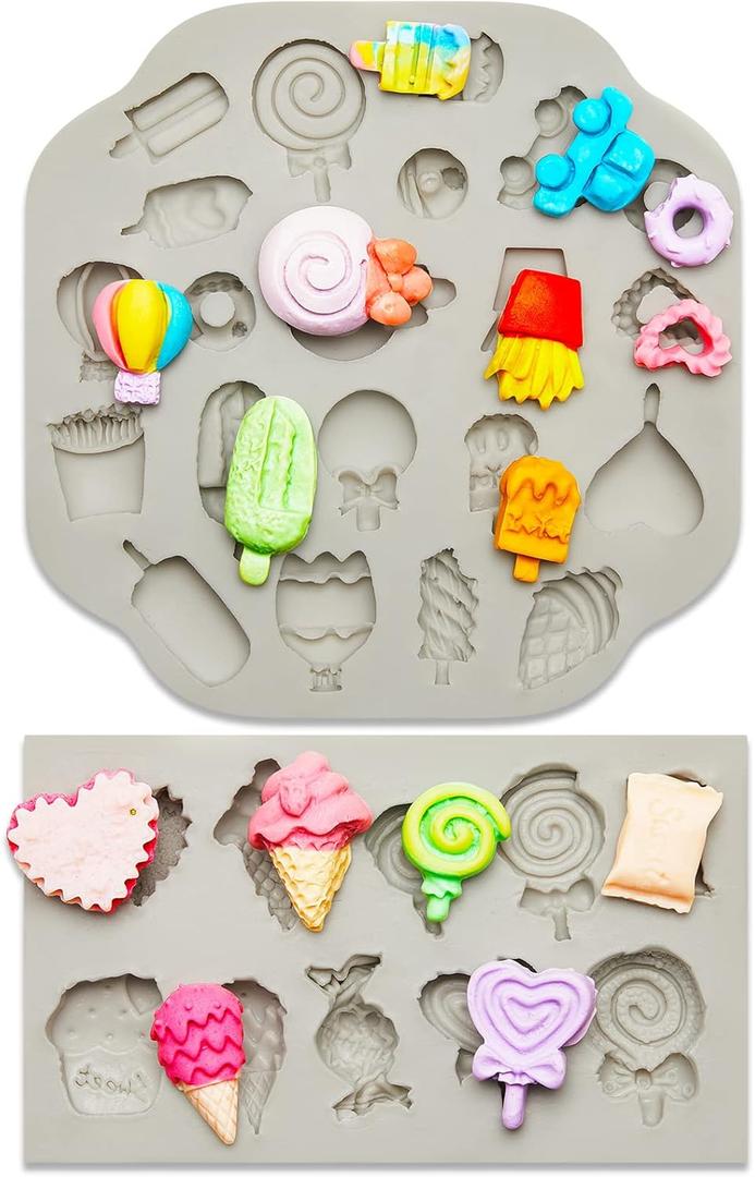 2 Pcs Sweets Polymer Clay Molds for Jewelry Making Candy Shape Ice Cream Lollipop Donut Chips Miniature Polymer Clay Molds Earrings Decoration