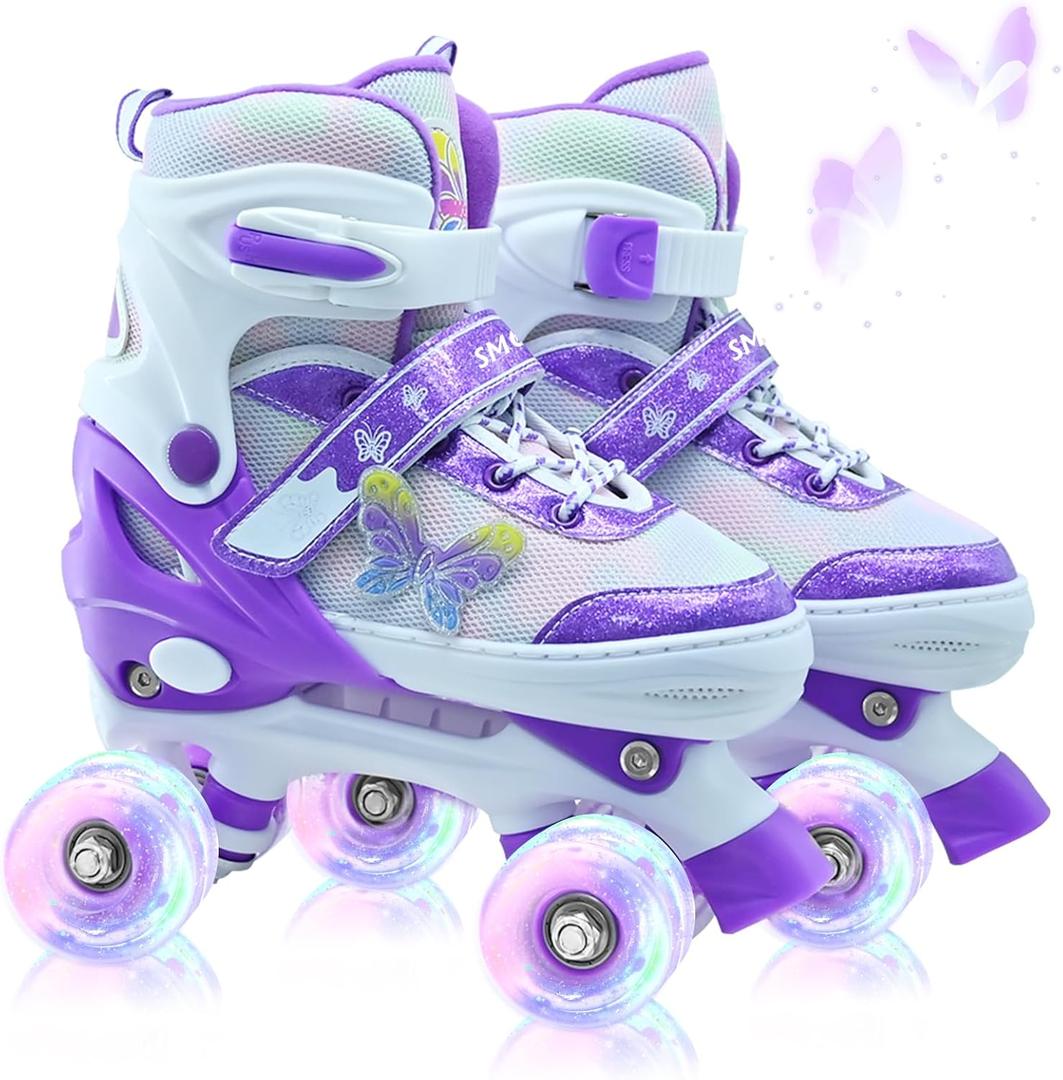 Kids Roller Skates for Girls-Outdoor 4 Size Adjustable Butterfly Quad Rollerskates for Indoor Ages 3-12 Years Beginners Children's Birthday Gift with Light Up Wheels patines para nias Indoor (Purple)
