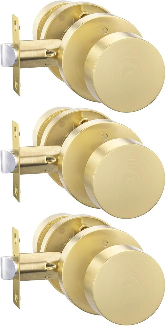 goldenwarm Gold Door Knobs Interior, Heavy Duty Zinc-Alloy Privacy Brushed Gold Interior Door Knobs, Brushed Brass Indoor Doorknobs for Bedroom, Bathroom (3 Pack)