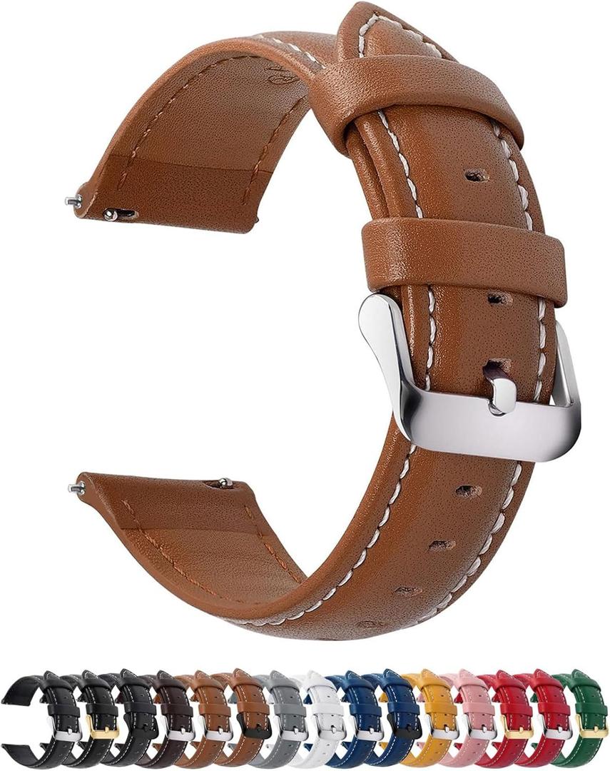 Fullmosa Watch Straps 20mm, Axus Series Leather Strap Replacement Watch Strap with Stainless Steel Metal Clasp for Men Women 14/16/18/20/22/24mm, Brown 20mm (Brown+silver buckle)