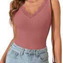 LYANER Women's Lace Trim V Neck Camisole Top Ribbed Knit Basic Cami Tank Sleeveless Undershirt Tops (L)