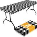 Smiry Picnic Table Cloth 2 Pack, Waterproof Elastic Fitted Tablecloths for 6FT Rectangle Tables, Washable Polyester Buffalo Plaid Tablecloth for Camping, Dining & Outdoor (Black & White, 30" x 72")