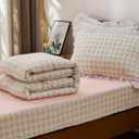 Meeting Story 3pcs Zipper Bedding Twin Kids Pink Bow Checked Plaid Comforter Set for Girls(Pinkgreen,Twin)