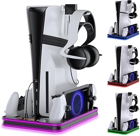 Stand and Cooling Station for PS5/PS5 Slim/PS5 Pro with RGB LED Controller Charging Dock Accessories, Charger for PlayStation 5 Controller and PS Portal Console Headset and Remote Holders (Black)