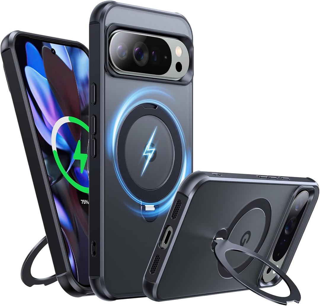 2 x 360 Spin Magnetic Stand for Google Pixel 9 Pro XL Case, 12FT Mil-Grade Protection, Fit for Magsafe, Anti-Fingerprint, Non-Slip Shockproof Slim Pixel 9 Pro XL Phone Case with Kickstand, Black